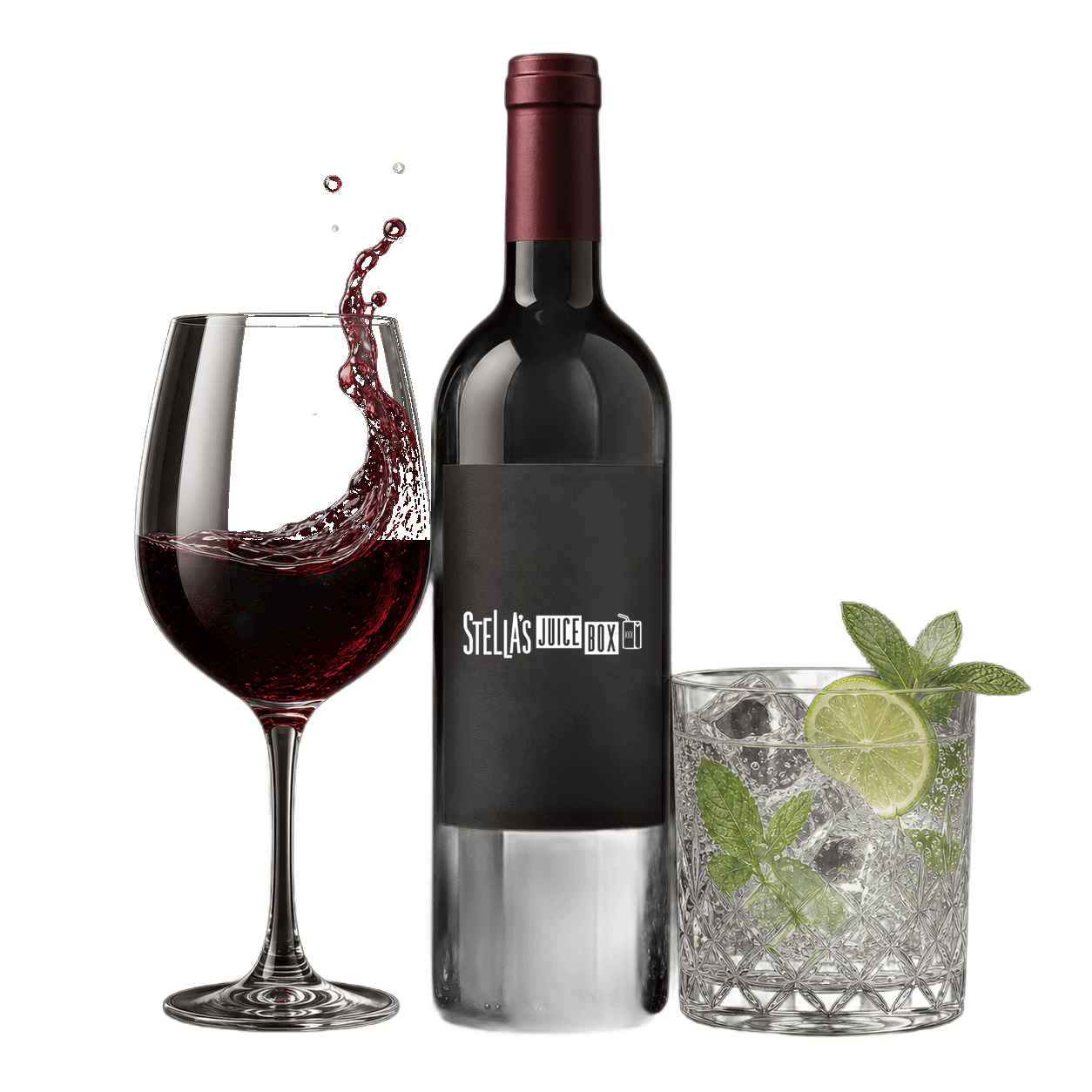 Wine bottle with Stella's Juice Box label, red wine glass and mint lime cocktail